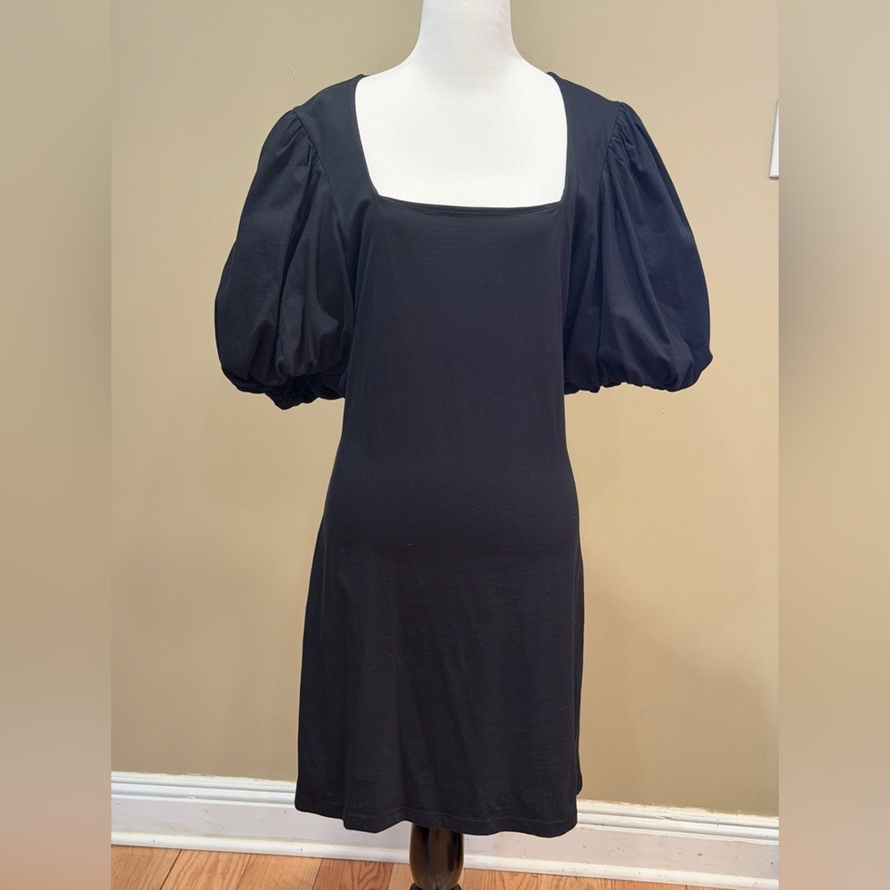 Frame Black Square Neck Puff Sleeve Midi Party Cocktail Dress - Size Medium